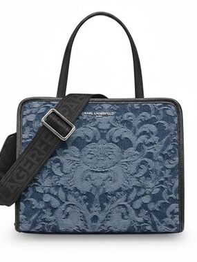 KARL LAGERFELD Blue Jacquard Tote with Detachable Strap